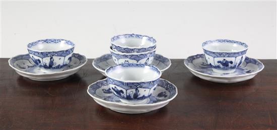 A set of five Chinese blue and white tea bowls and four saucers, Kangxi period, saucers 11.7cm, some faults